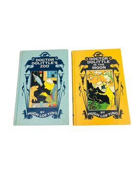 Doctor Dolittles Zoo & Dolittle In The Moon Vintage 50s HC Books By Hugh Lofting